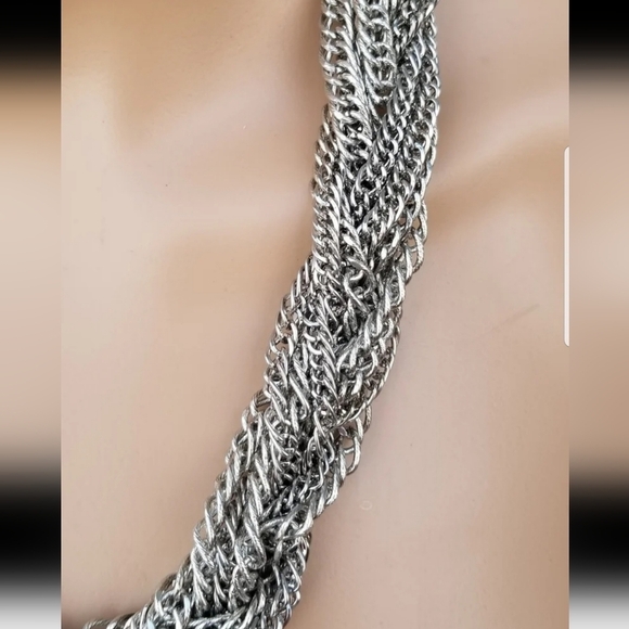 CHICOS SILVERTONED BRAIDED CHAINS STATEMENT NECKLACE - Picture 3 of 5
